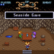 Pixellated art from the game Illusion of Gaia depicts a small cave in which two characters sit at a table and a third looks on. Text above them reads Seaside Cave.